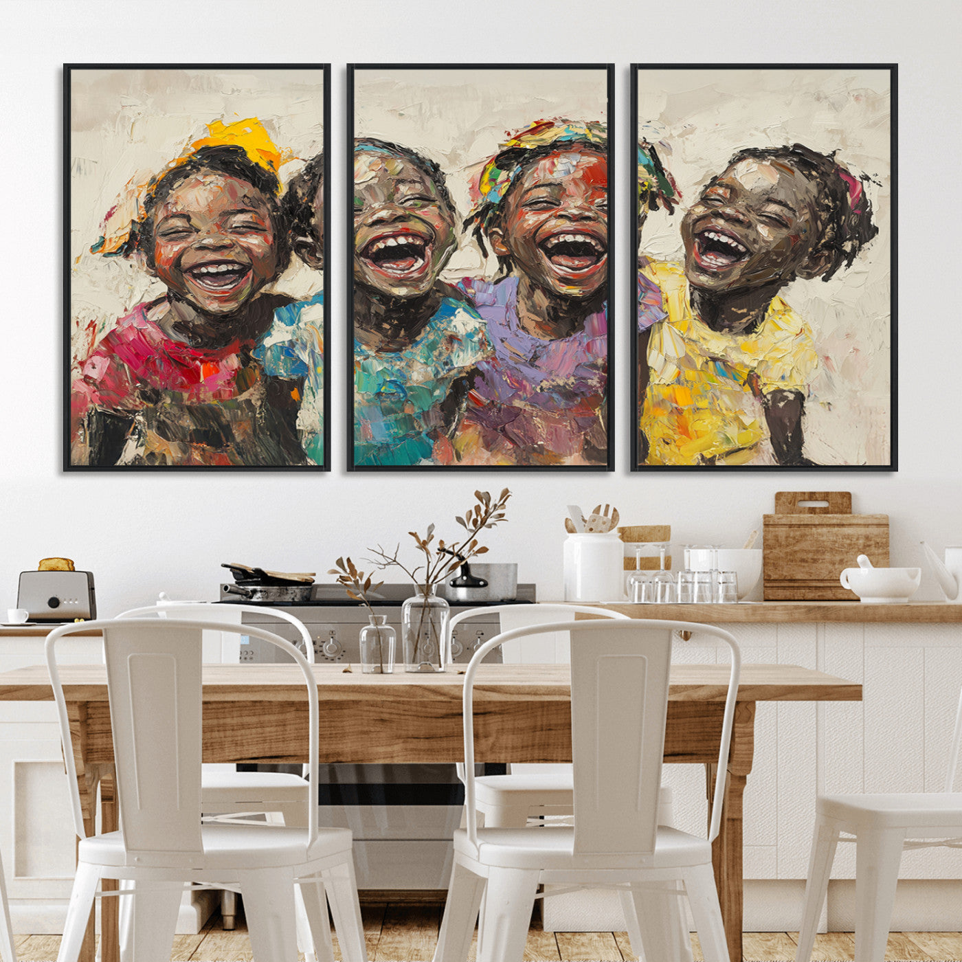 MGV-FC-60X30-3P - Shai Yossef style Joyful Childhood Canvas Wall Art - Expressive Impasto Painting of Black Children