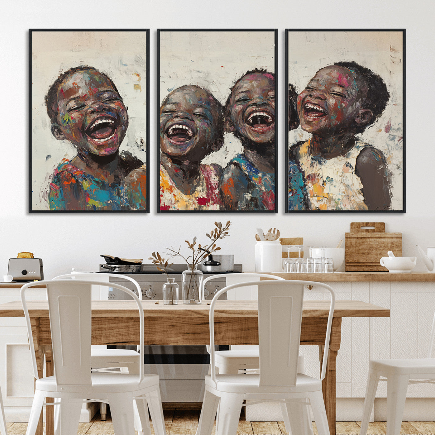 85256-MGV-FC-60X30-3P_Black-Shai Yossef Print - Joyful Childhood Canvas Wall Art - Expressive Impasto Painting of Laughing