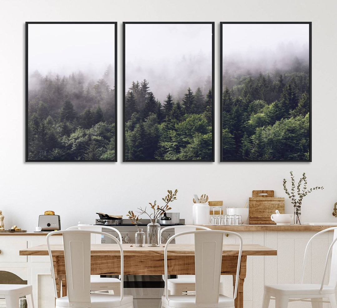 A serene triptych nature print featuring a misty forest, perfect as wall art.