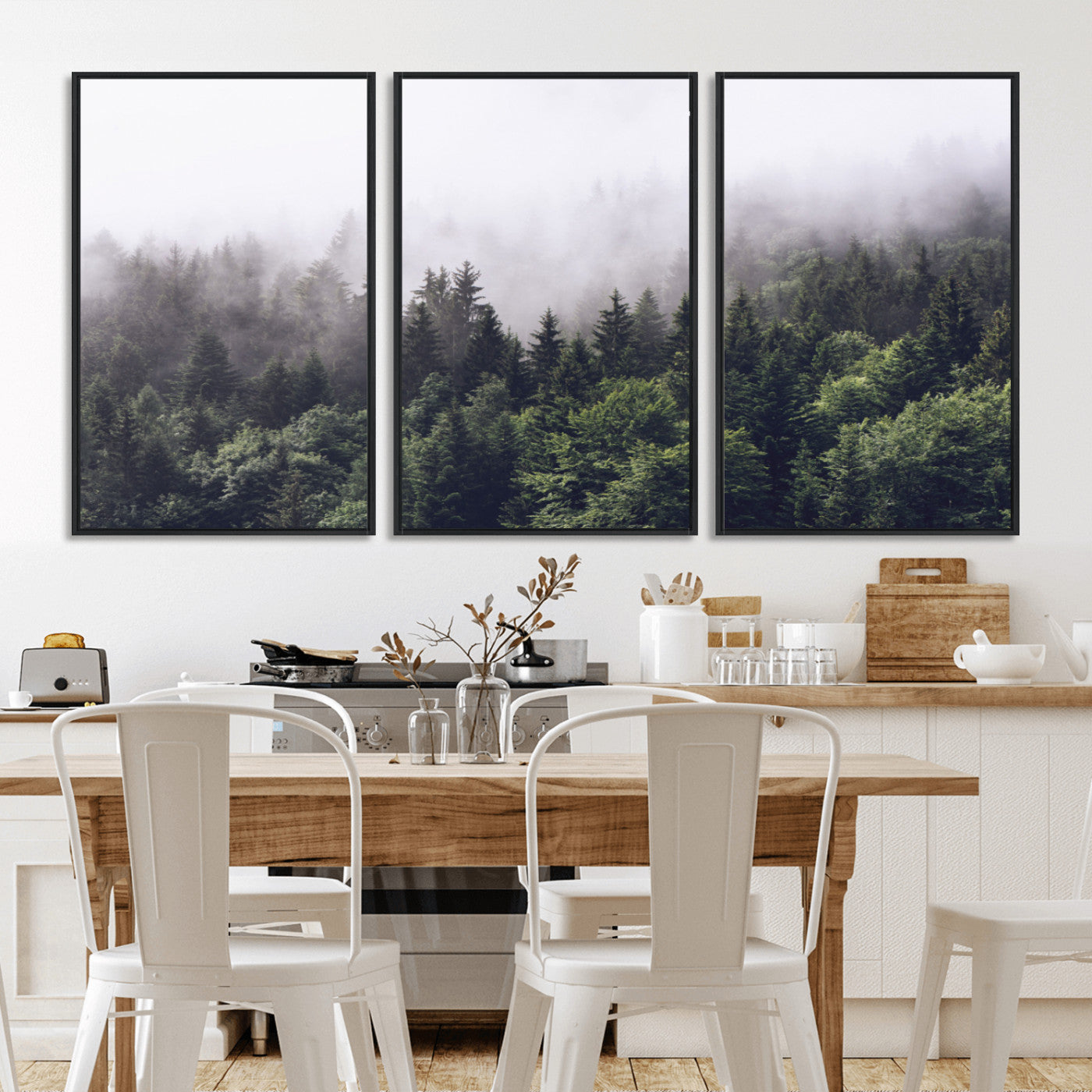 MGV-FC-60X30-3P - Misty Forest Wall Art | Foggy Forest Canvas Print | Large Nature-Inspired Misty Tree Landscape for
