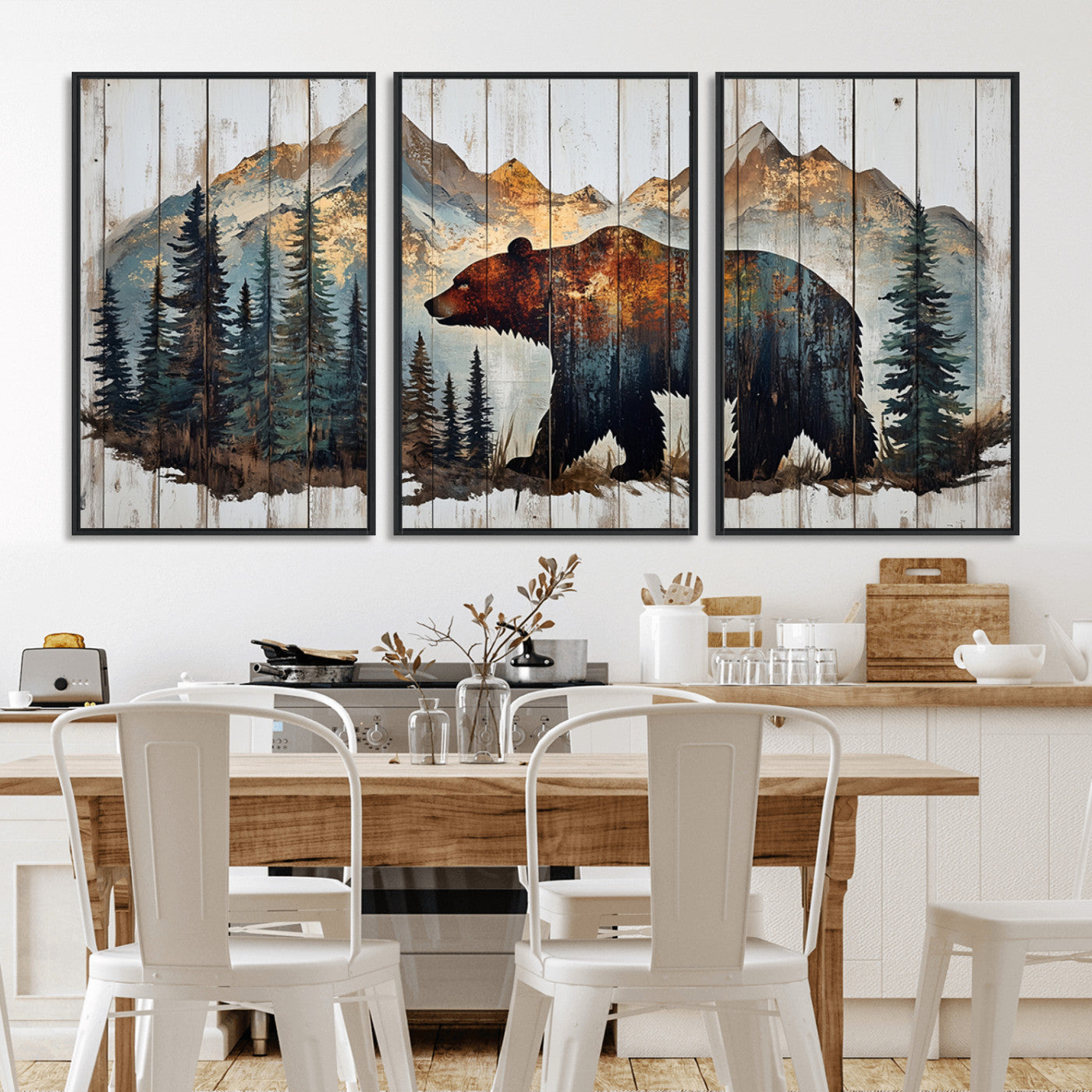 55777-MGV-CV-36X24-Rustic Grizzly 399 Bear and Mountain Wood Canvas Wall Art - Framed Nature Artwork with Forest