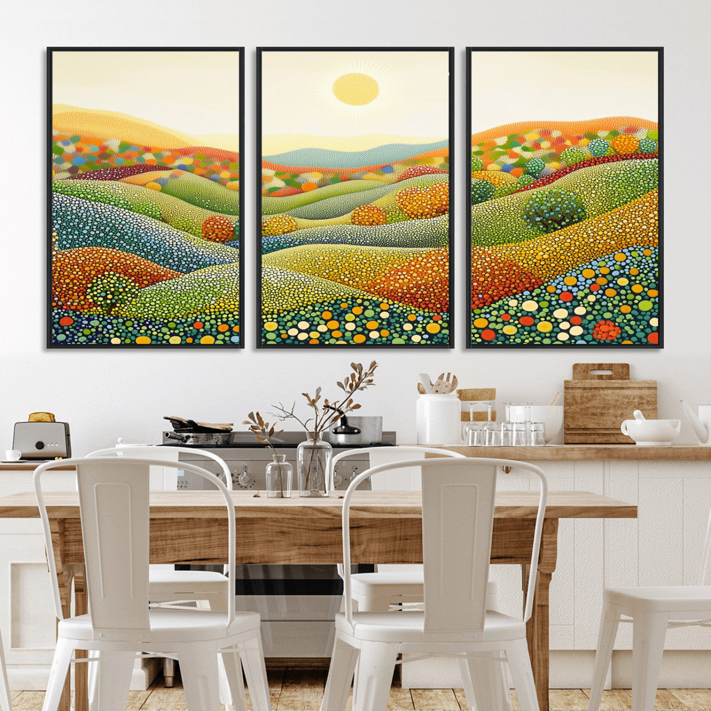 MGV-FC-60X30-3P - YAYOI KUSAMA Colorful Dot Art Landscape Canvas - Framed Abstract Pointillism Inspired by Nature with