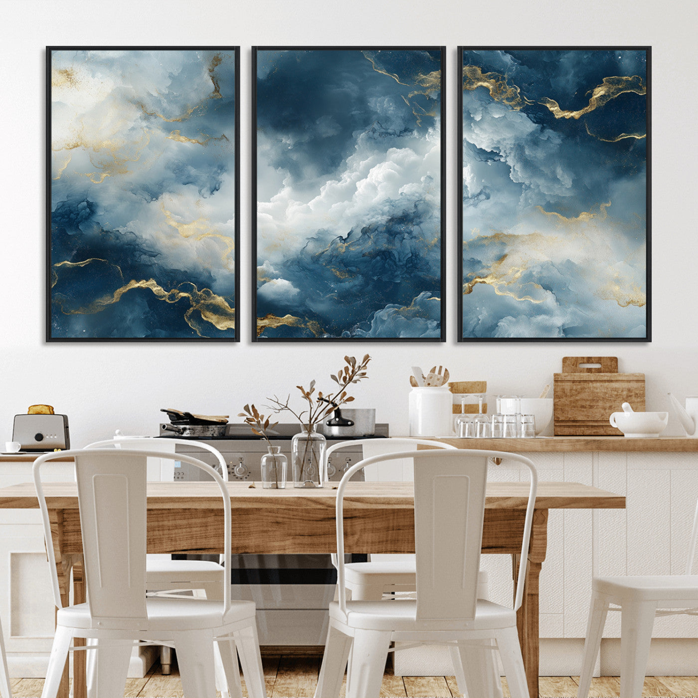MGV-FC-60X30-3P - Large Abstract Print - Luxe Blue and Gold Abstract Canvas Wall Art - Bold Cloudscape Canvas for
