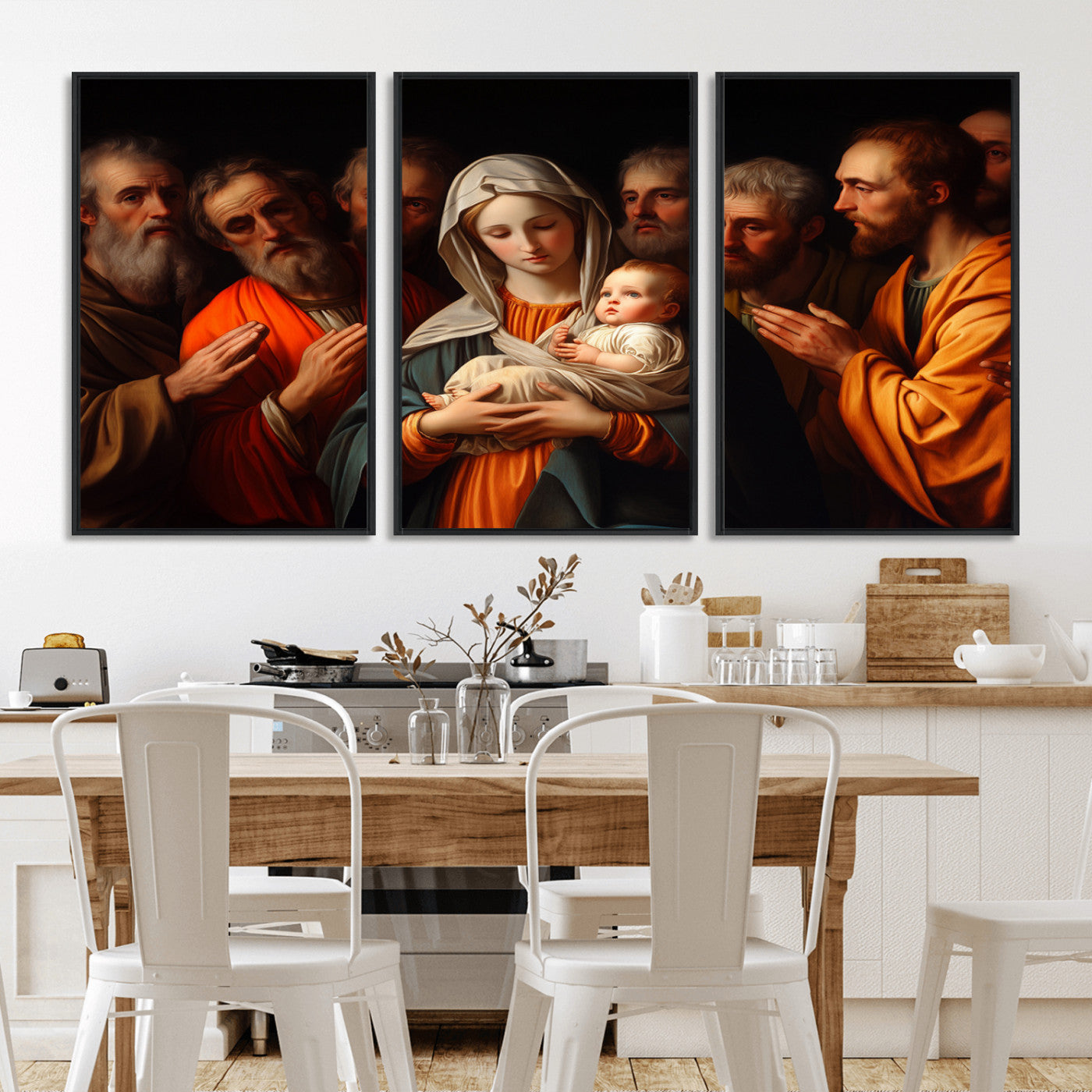 MGV-FC-60X30-3P - Religious Canvas Wall Art Print - Madonna and Child with Apostles Art Print - Classic Christian