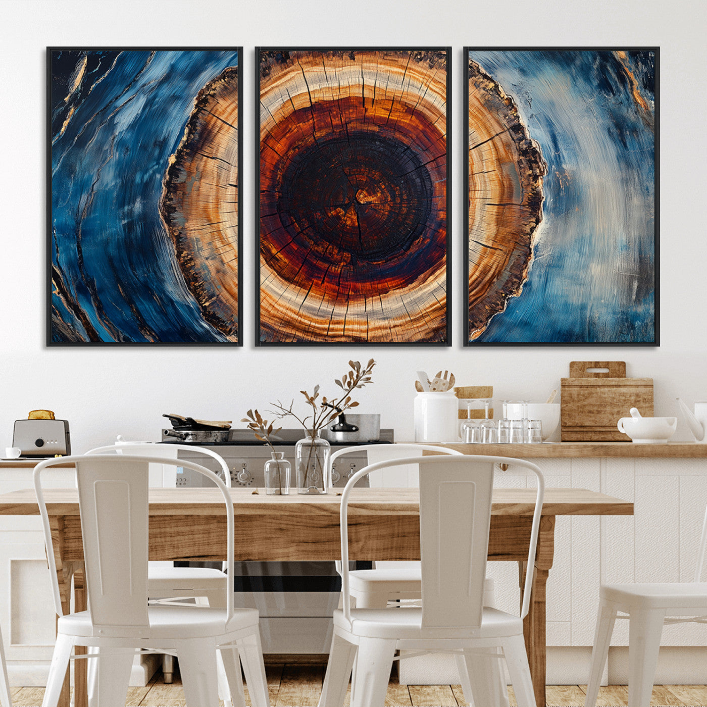 MGV-FC-60X30-3P - Framed Abstract Tree Ring Wall Art Print, Natural Rustic Wood Texture Canvas Print, Wood Tree Stump