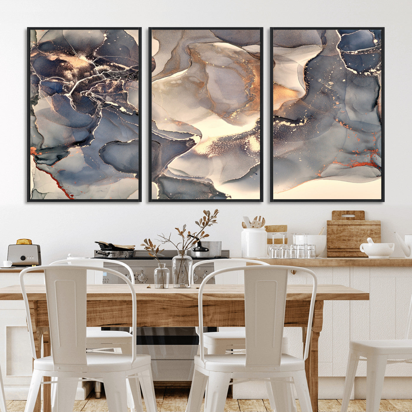 MGV-FC-60X30-3P - Abstract Blue and Gold Wall Art - Fluid Ink Artwork - Modern Luxury Wall Decor for Contemporary