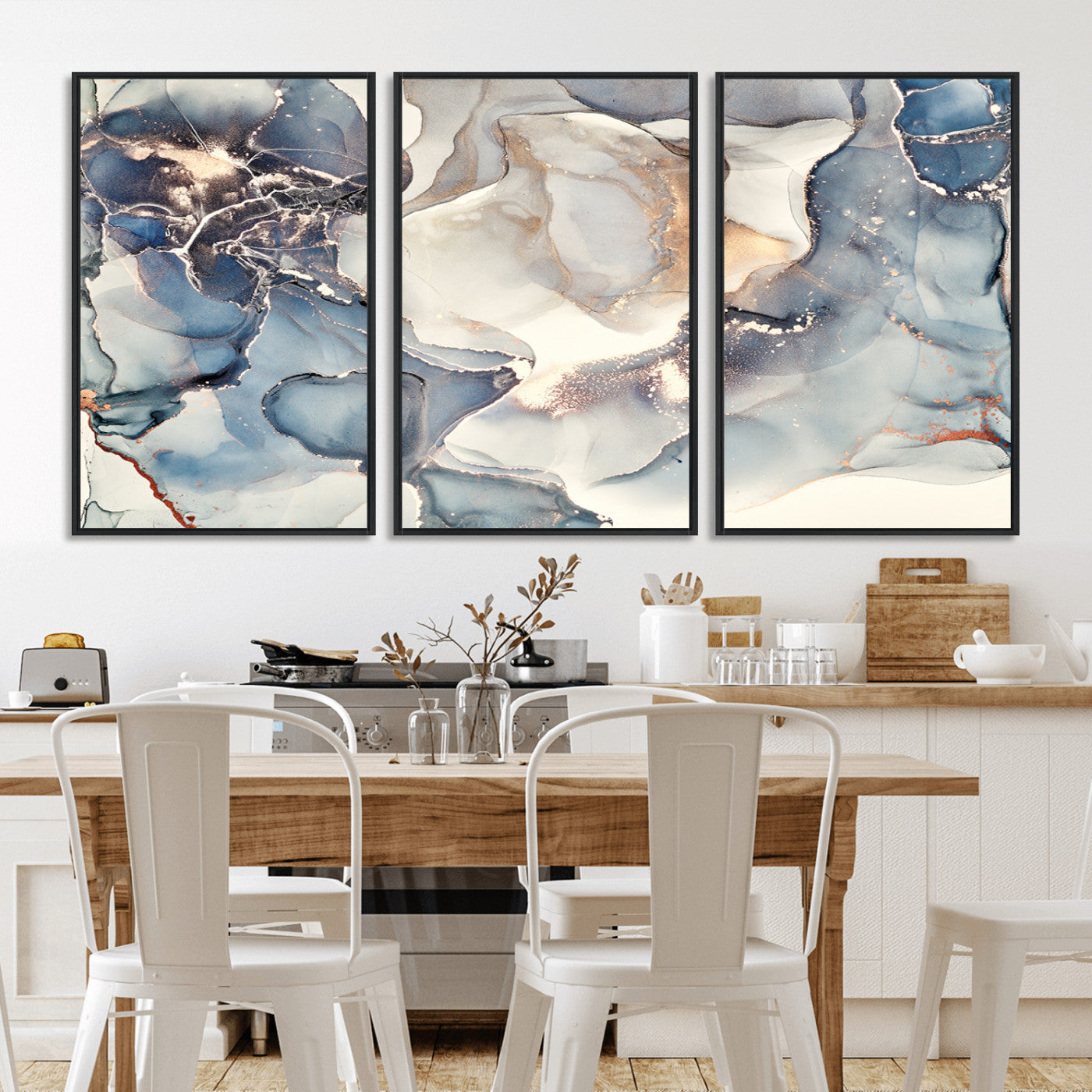 MGV-FC-60X30-3P - Abstract Blue and Gold Canvas Wall Art - Fluid Ink Artwork - Modern Luxury Wall Decor for Contemporary Interiors