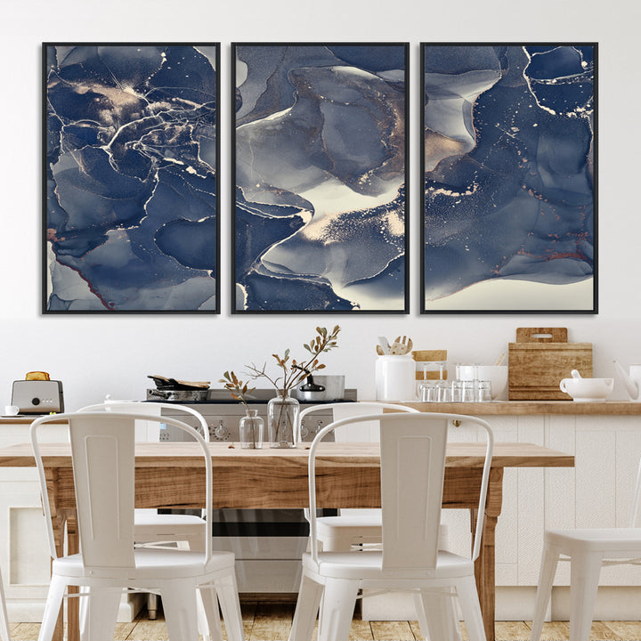 Large Abstract Blue and Gold Canvas Wall Art | Fluid Ink Artwork Print | Luxury Wall Decor for Contemporary Interiors | Framed Ready to Hang