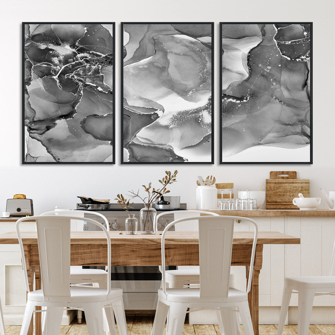 Black White Abstract Canvas Wall Art - Fluid Ink Artwork - Modern Luxury Wall Decor for Contemporary Interiors