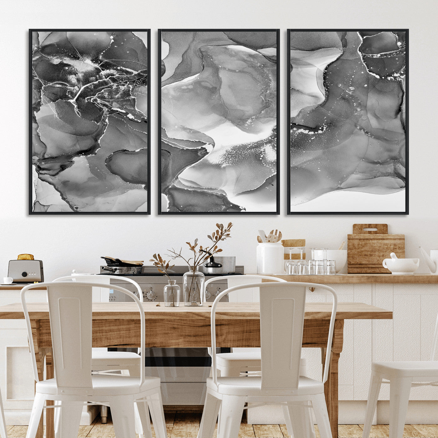 MGV-FC-60X30-3P - Black White Abstract Canvas Wall Art - Fluid Ink Artwork - Modern Luxury Wall Decor for Contemporary