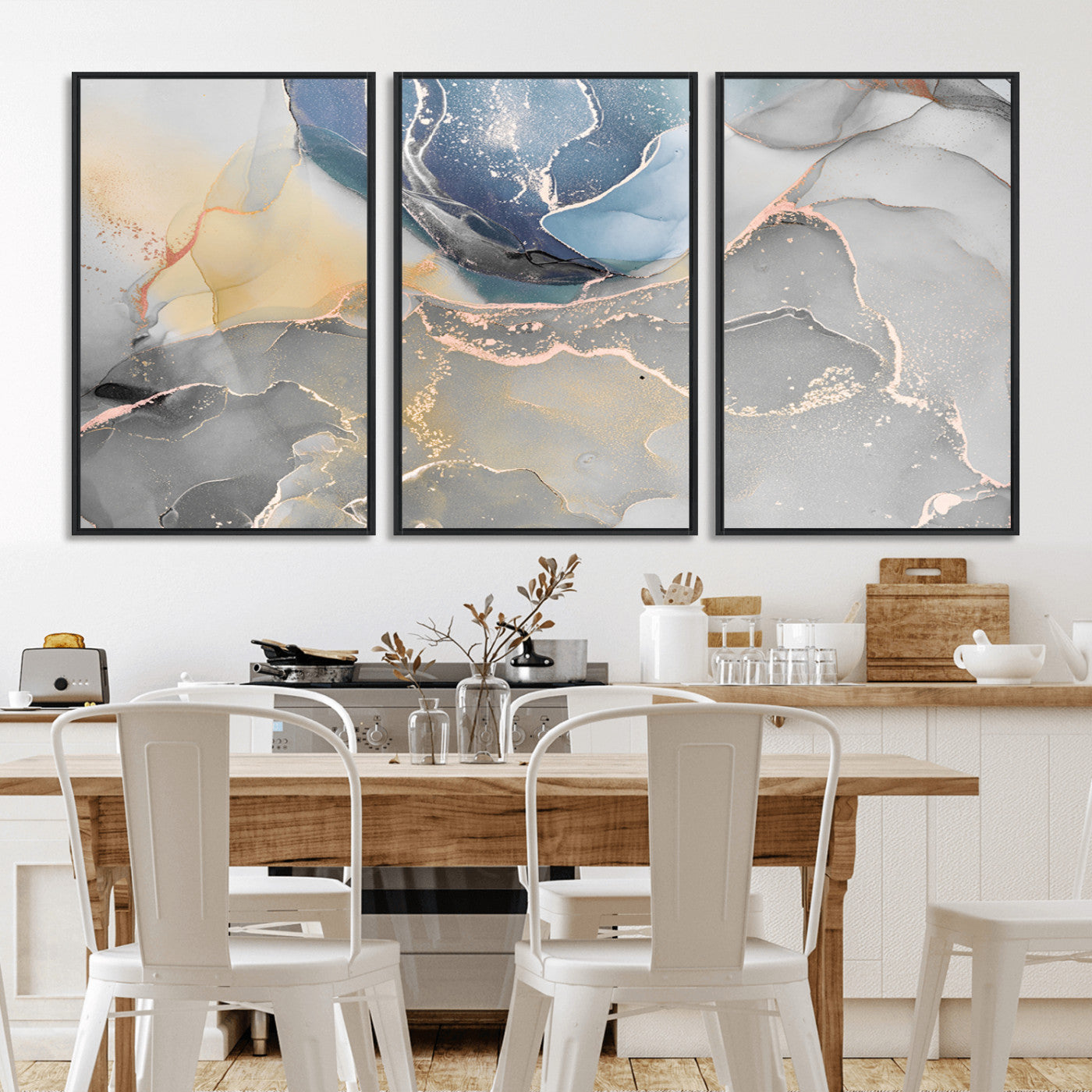 MGV-FC-60X30-3P - Large Abstract Blue and Gold Canvas Wall Art | Fluid Ink Artwork Print | Luxury Wall Decor for
