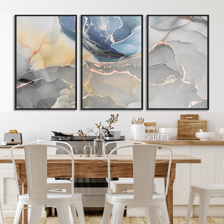 Large Abstract Blue and Gold Canvas Wall Art | Fluid Ink Artwork Print | Luxury Wall Decor for Contemporary Interiors | Framed Blue and Gold
