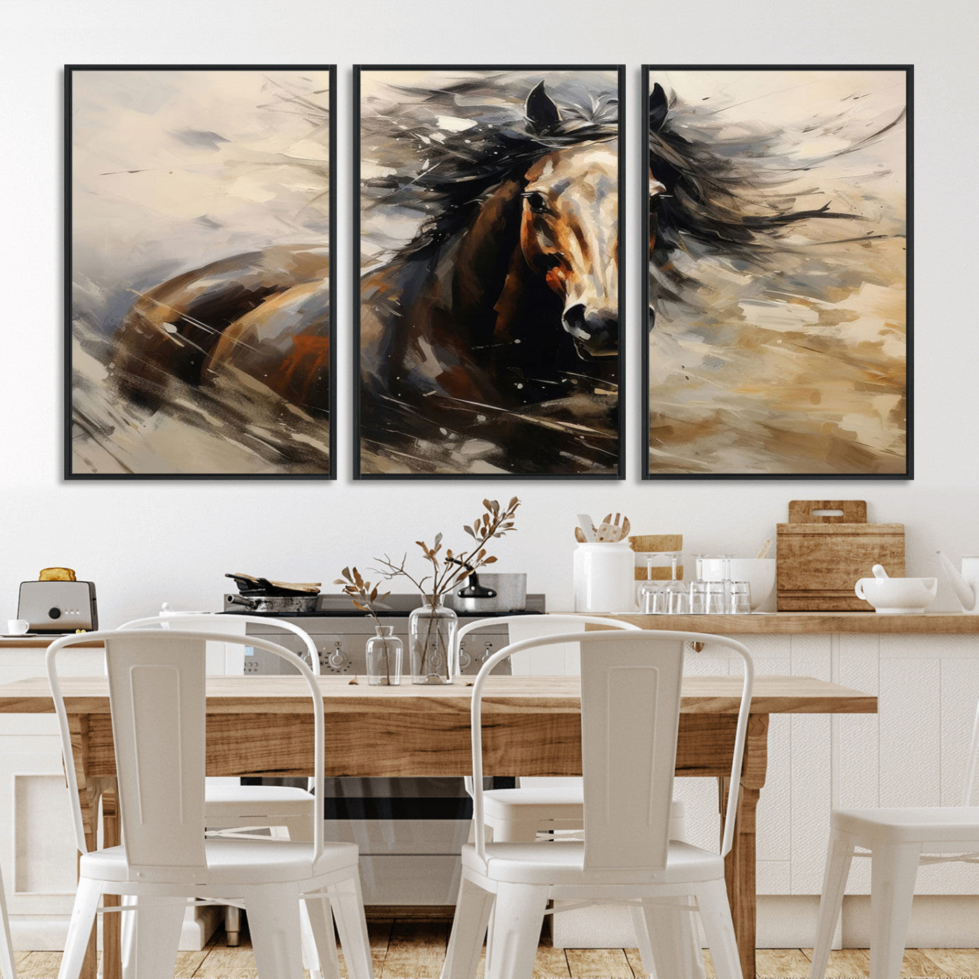 MGV-FC-60X30-3P - Abstract Wall Art Horse Print - Large Western Horse Canvas - Farmhouse Woodland Wall Art - Framed