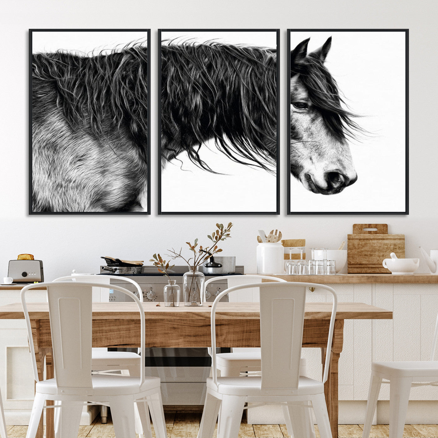 A stunning black-and-white portrait of a horse with a flowing mane, captured in dramatic detail and emotion.