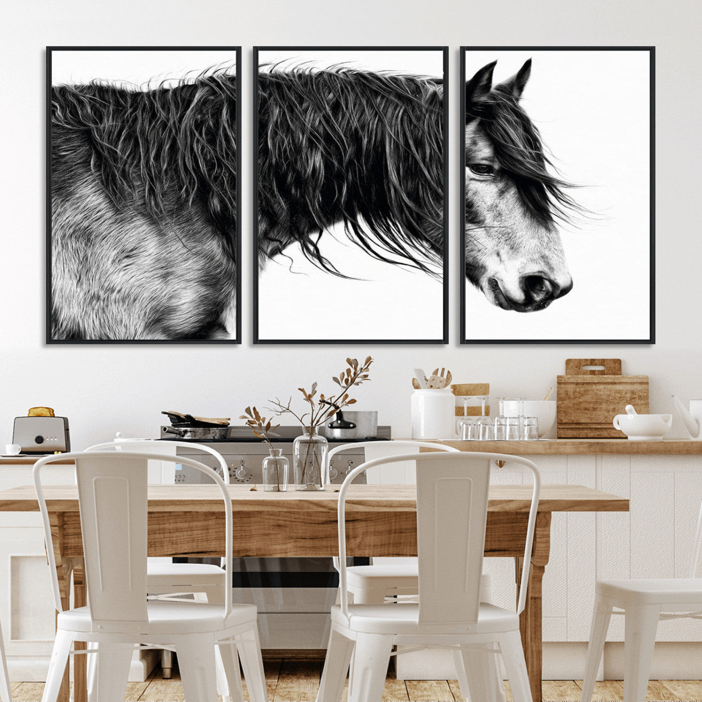 MGV-FC-60X30-3P - Black Horse Wall Art Canvas Print for Farmhouse Decor and Woodland Decoration