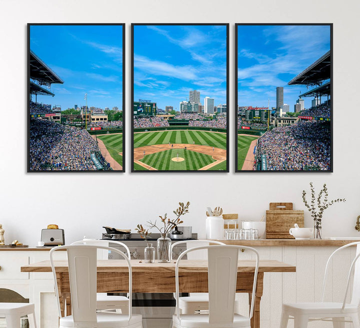 Panoramic view of Wrigley Field, ideal for the Wrigley Field Chicago Cubs Panoramic Canvas Wall Art - Ready to Hang.