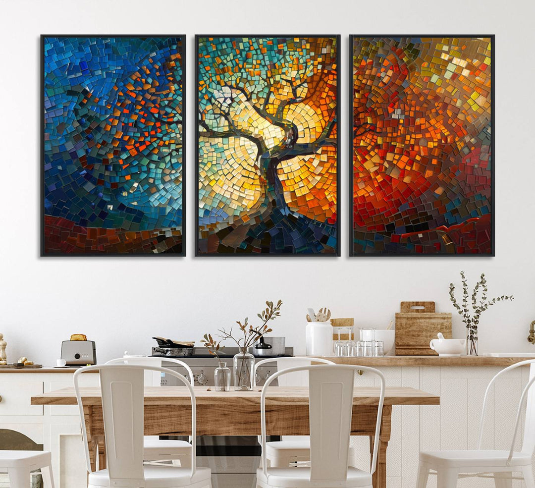 Mosaic Tree Canvas Wall Art: A stunning stained glass-inspired Tree of Life featuring blue and orange swirling patterns reminiscent of a sunburst.