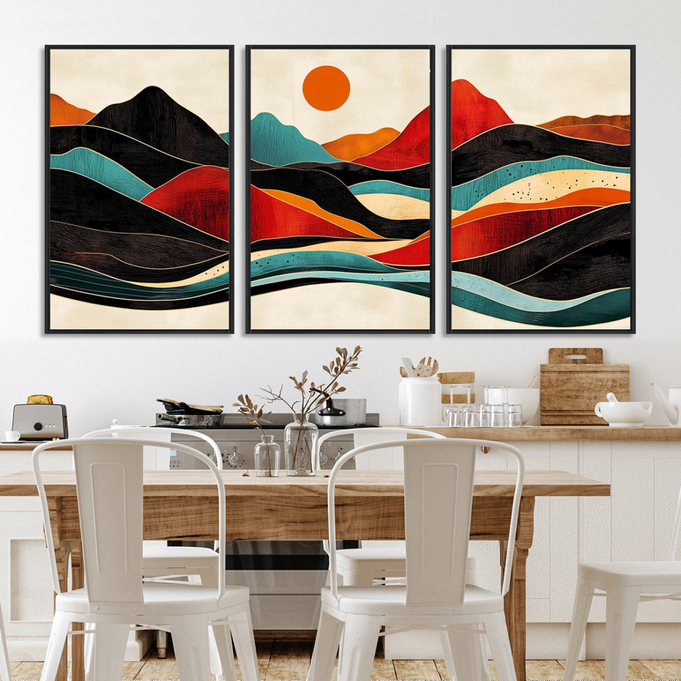 MGV-FC-60X30-3P - Western Wall Decor - Large Triptych Mountain Canvas - Boho Woodland Wall Art Print - Framed