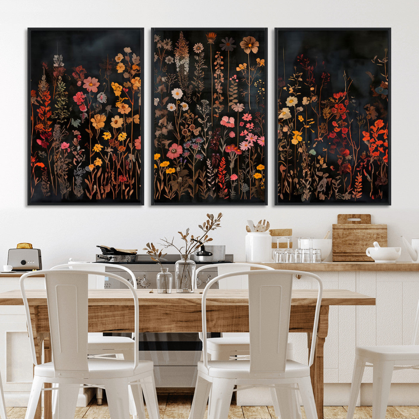 MGV-FC-60X30-3P - Dark Floral Canvas Wall Art - Moody Botanical Flower Print - Rustic Floral Wall Decor for Home -
