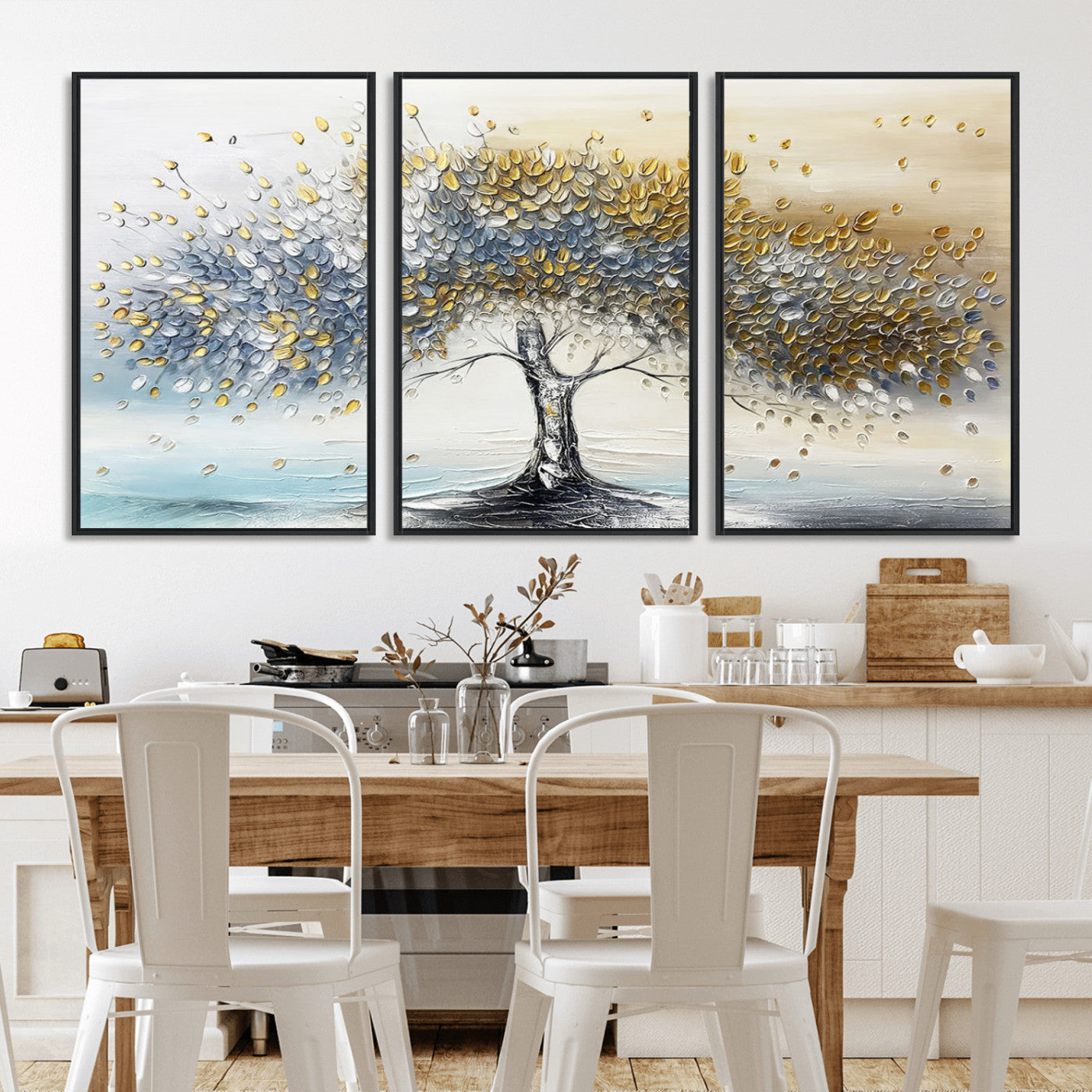 An elegant impasto painting featuring a tree with shimmering silver and gold leaves, blending soft pastels to create a calm and sophisticated atmosphere.