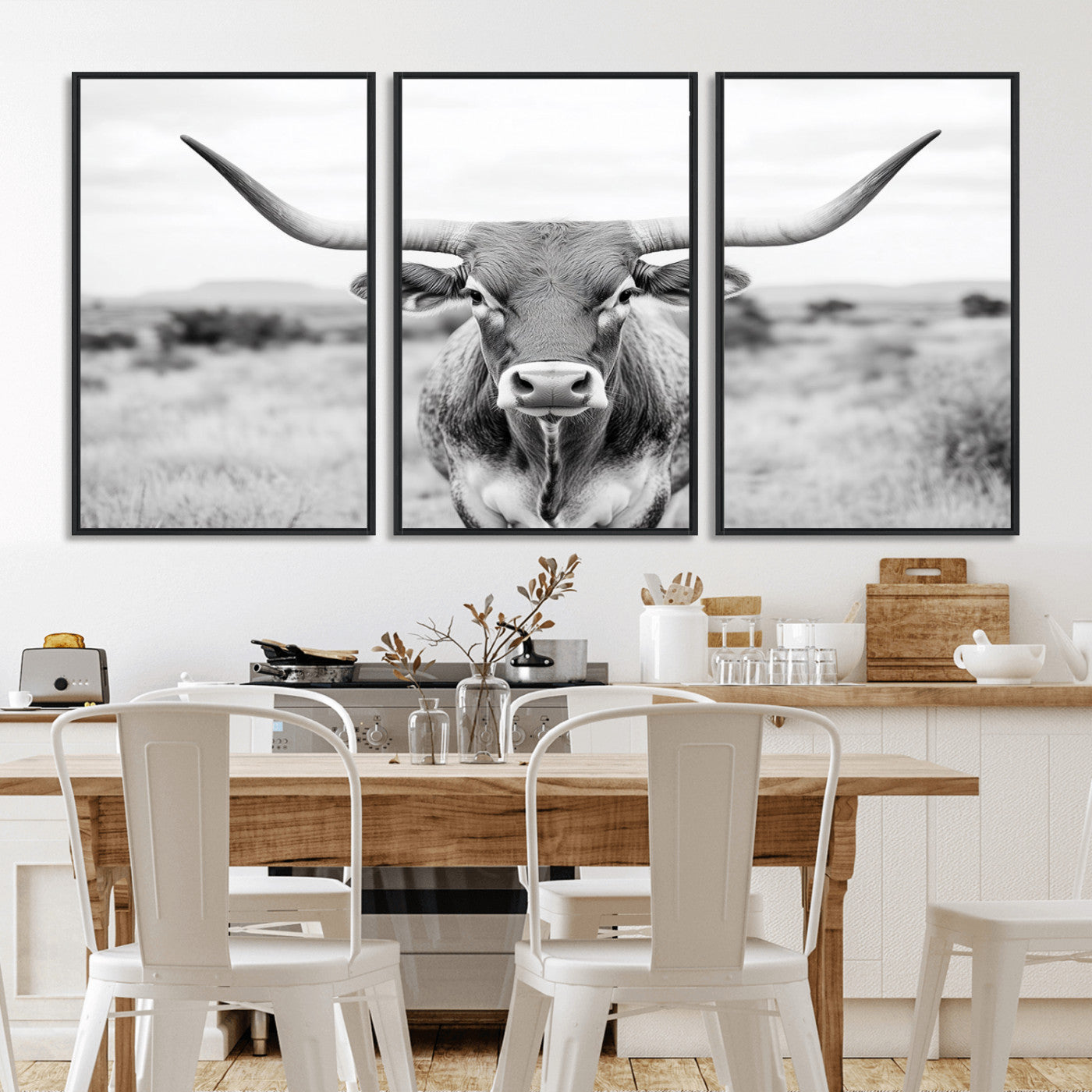 MGV-FC-60X30-3P - Highland Cow Wall Art Print - Black and White Texas Western Longhorn Canvas - Farmhouse Decor Print