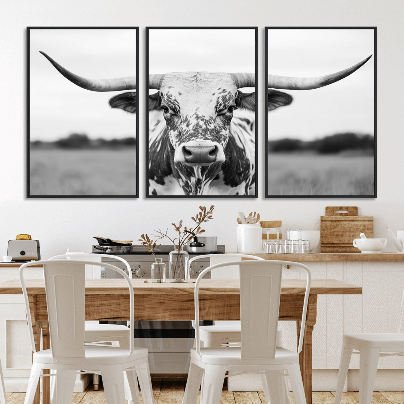 MGV-FC-60X30-3P - Highland Cow Wall Art - Black and White Western Longhorn Canvas Print - Farmhouse Living Room Decor