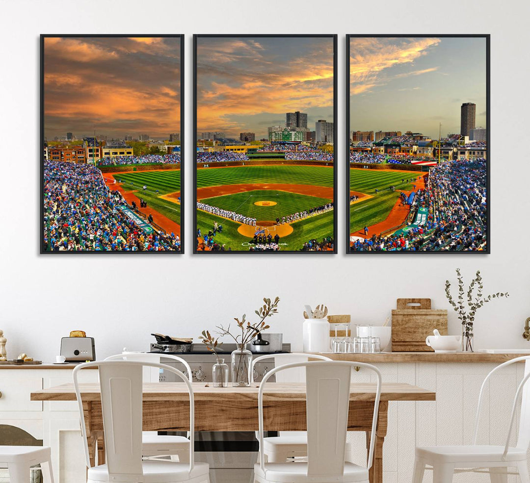 Aerial view of Wrigley Field at sunset against a vibrant sky, creating the perfect Chicago Wrigley Field Canvas Wall Art.