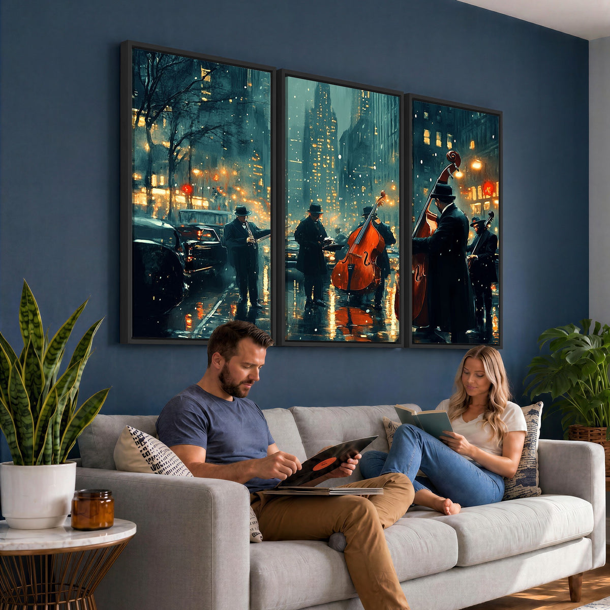 53391-MGV-CV-24X16 - Urban Night Jazz Wall Art Canvas Print | Moody Rain Soaked City Street Band Scene