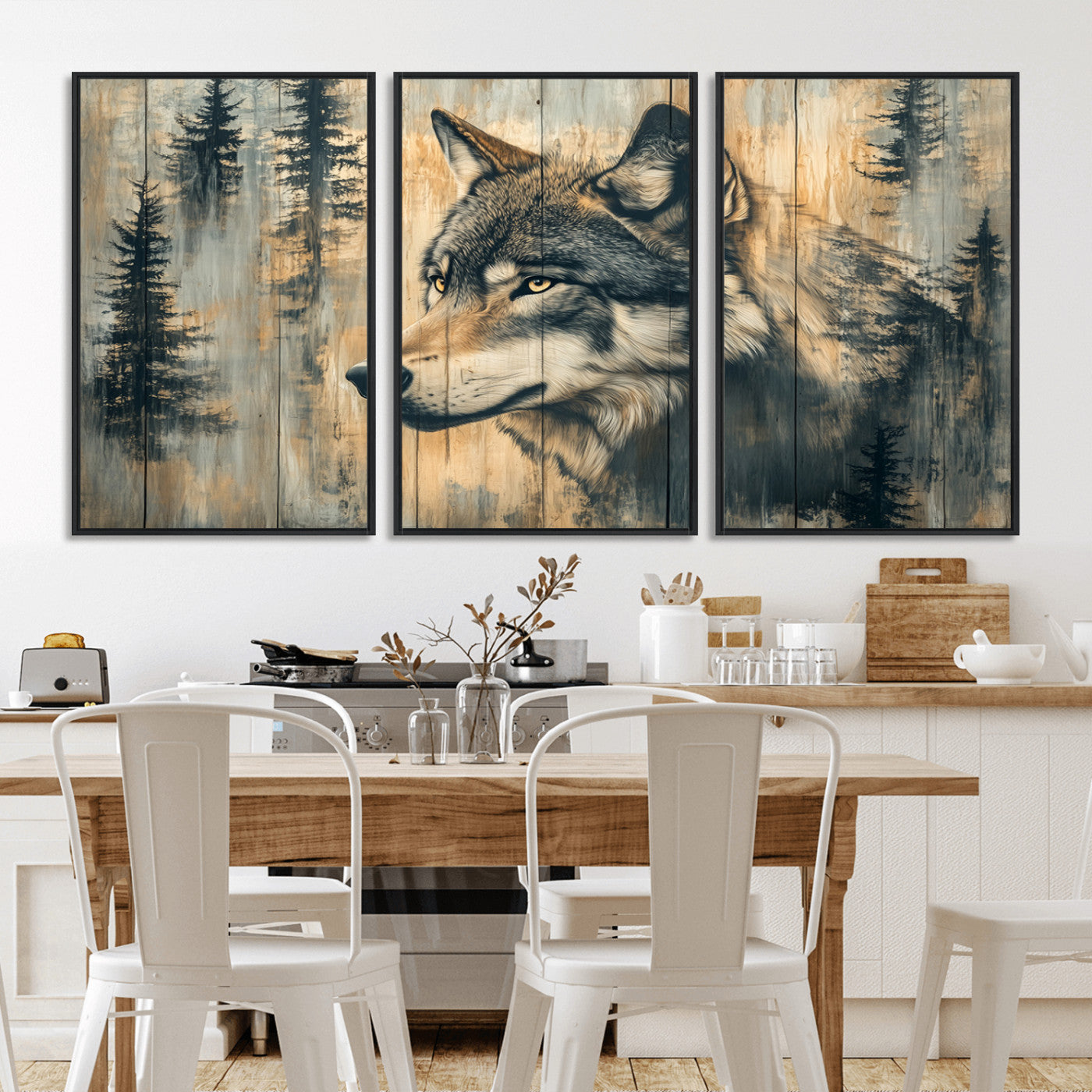 MGV-FC-60X30-3P - Wood Style Rustic Wolf Wall Art Canvas Print, Vintage Woodland Wolf Wall Art, Framed Wood Style Wolf
