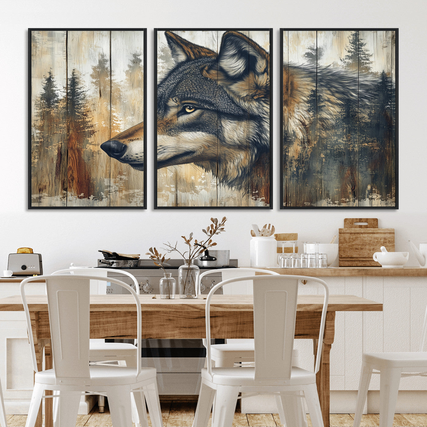 MGV-FC-60X30-3P - Rustic Wolf Wall Art Canvas Print, Vintage Woodland Wolf Wall Art