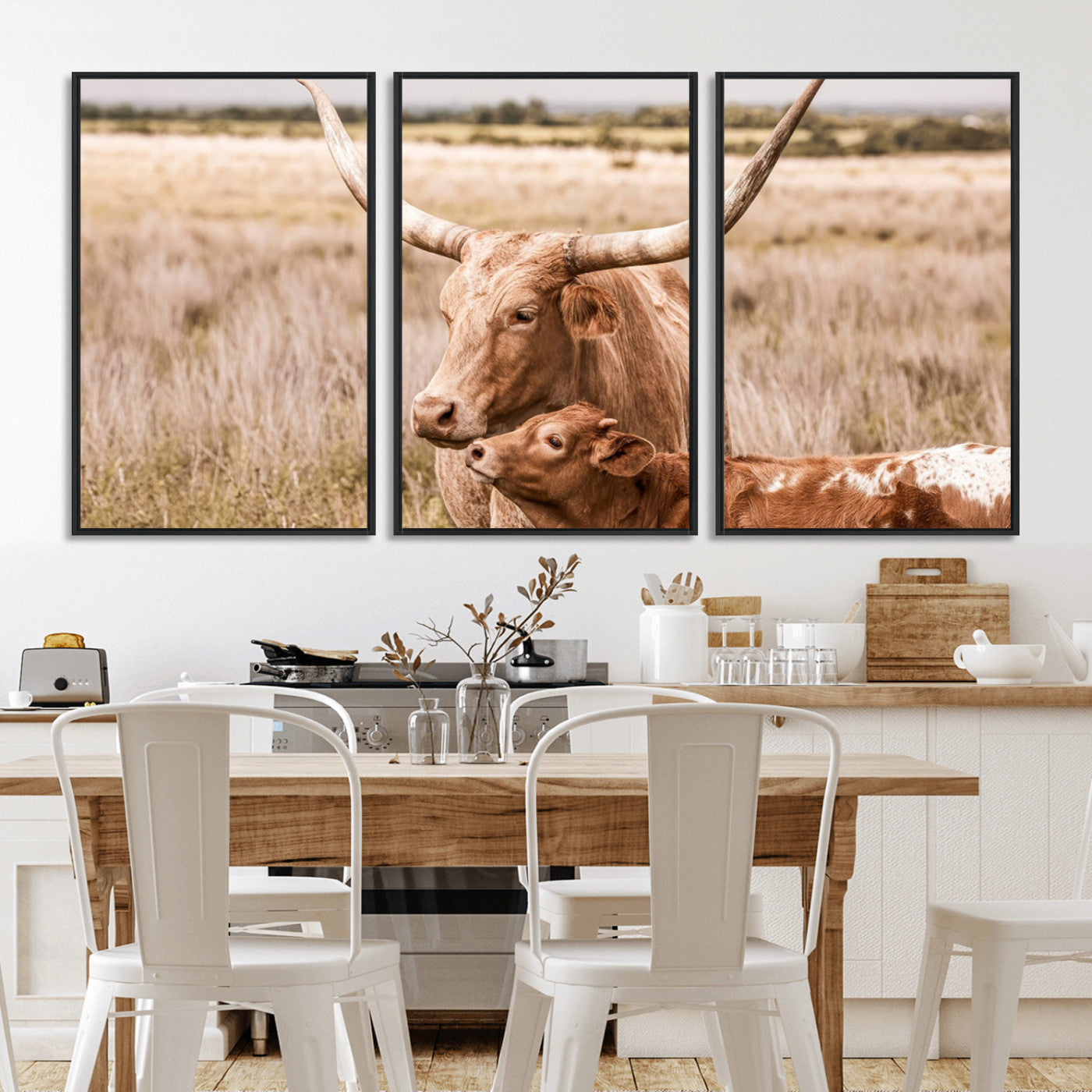 MGV-FC-60X30-3P - Texas Longhorn Cow Wall Art Canvas Print for Farmhouse Wall Art, Texas Decor, Western Wall Art Print