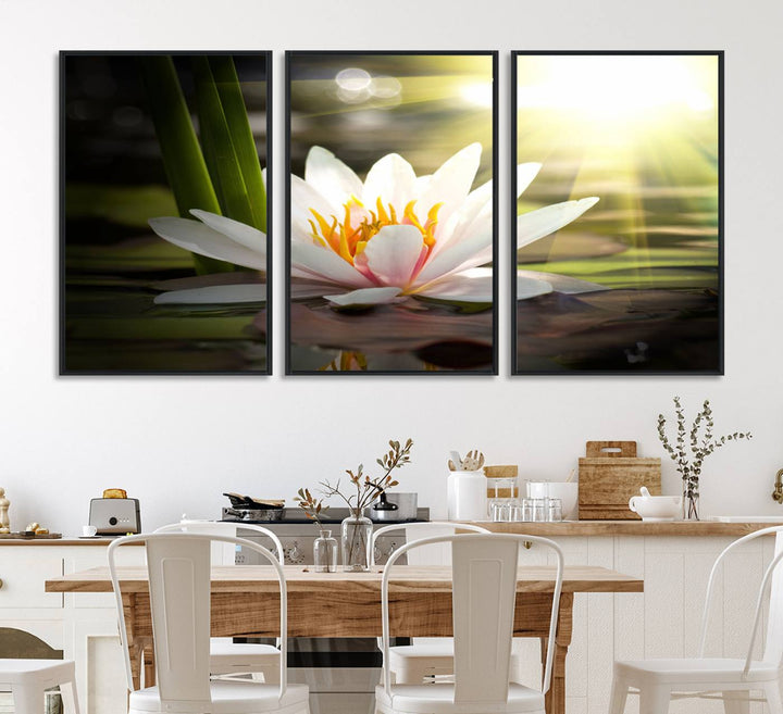 The Lotus Flower Wall Art Canvas Print showcases a white water lily with a yellow center floating gracefully in sunlight.