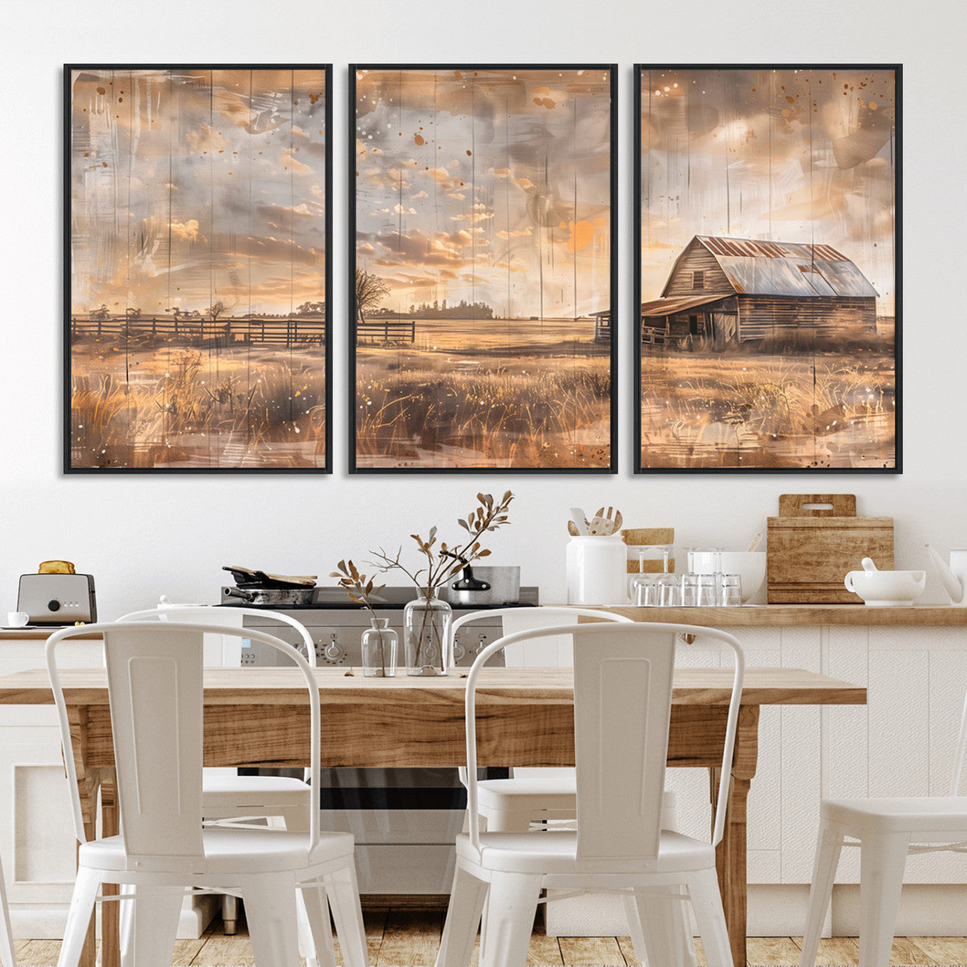 MGV-FC-60X30-3P - Rustic Farmhouse Wall Art Canvas Print | Barn and Field Canvas Print | Vintage Country Landscape