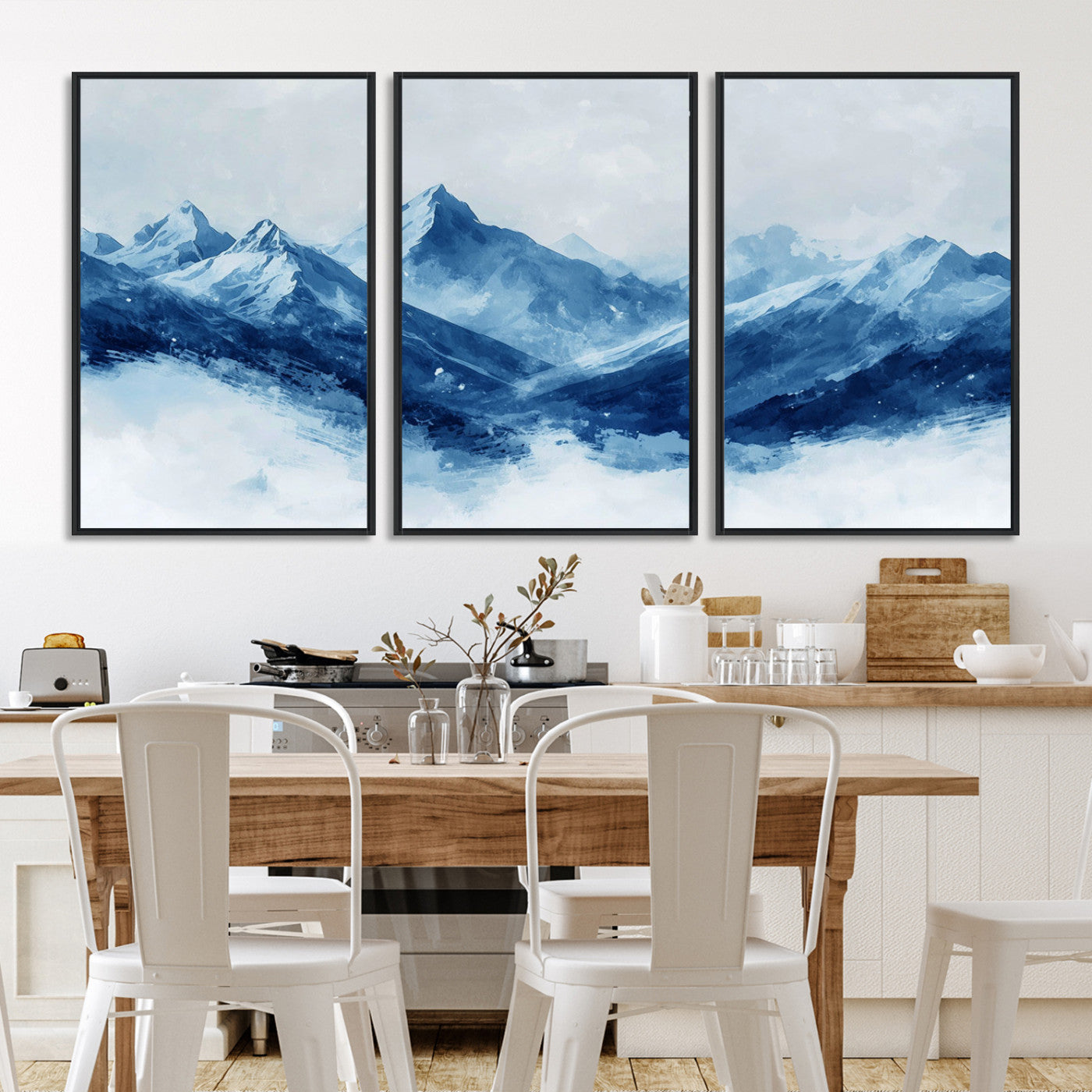 Peaceful watercolor-style painting of snowy blue mountains in soft tones, perfect for winter-themed or minimalist wall decor.
