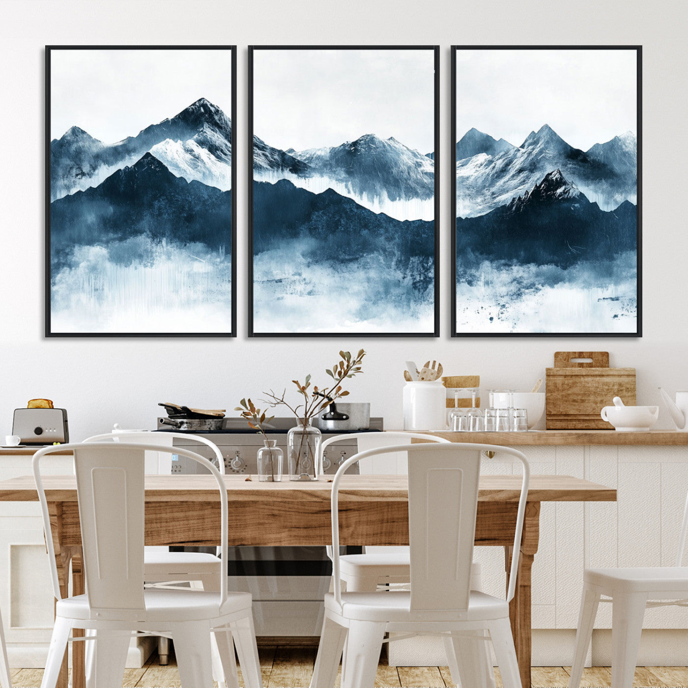 Abstract blue-toned canvas of snowy mountains in misty tones, ideal for minimalist or moody alpine-inspired home decor.