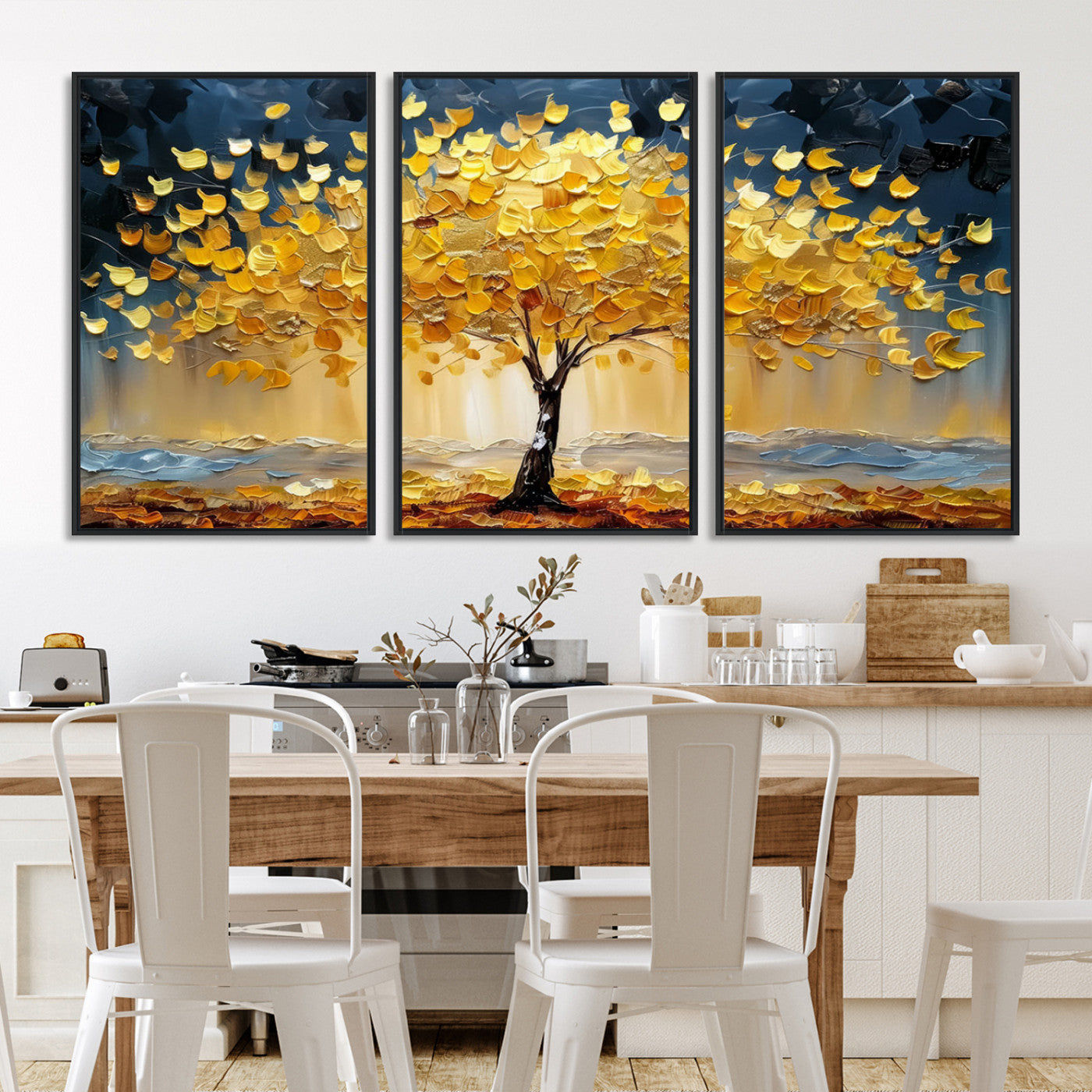 Canvas of a golden autumn tree with textured brushstrokes and moody blue skies, perfect for dramatic and vibrant home decor.