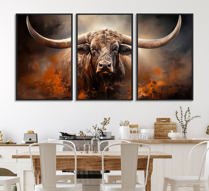 A Highland Bull with striking horns is depicted in a fiery abstract style on a ready-to-hang wall art canvas, evoking strength.