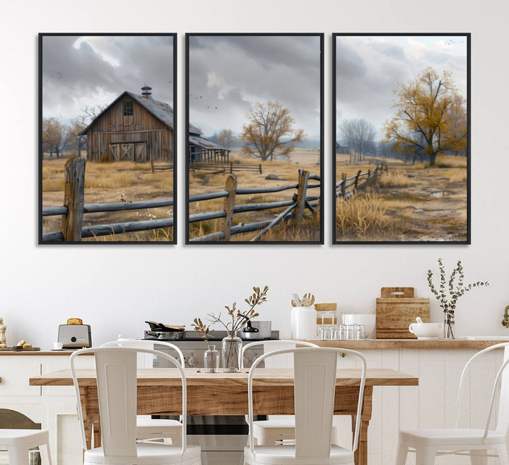 Rustic Autumn Farmhouse Wall Art – Weathered Barn & Trees Canvas Print, featuring a serene scene with birds in the sky. This piece is ready to hang.