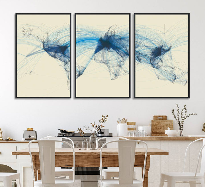 Flight Routes Map: Air Traffic Avi World Map featuring blue lines symbolizing global data. Ideal for home decor and ready to hang.