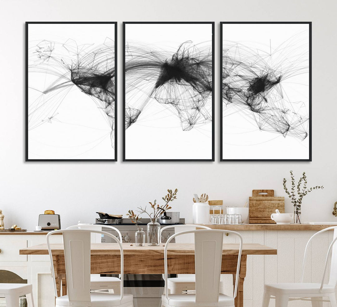 The Flight Routes Air Traffic canvas wall art, framed and ready to hang, is perfect for aviation enthusiasts.