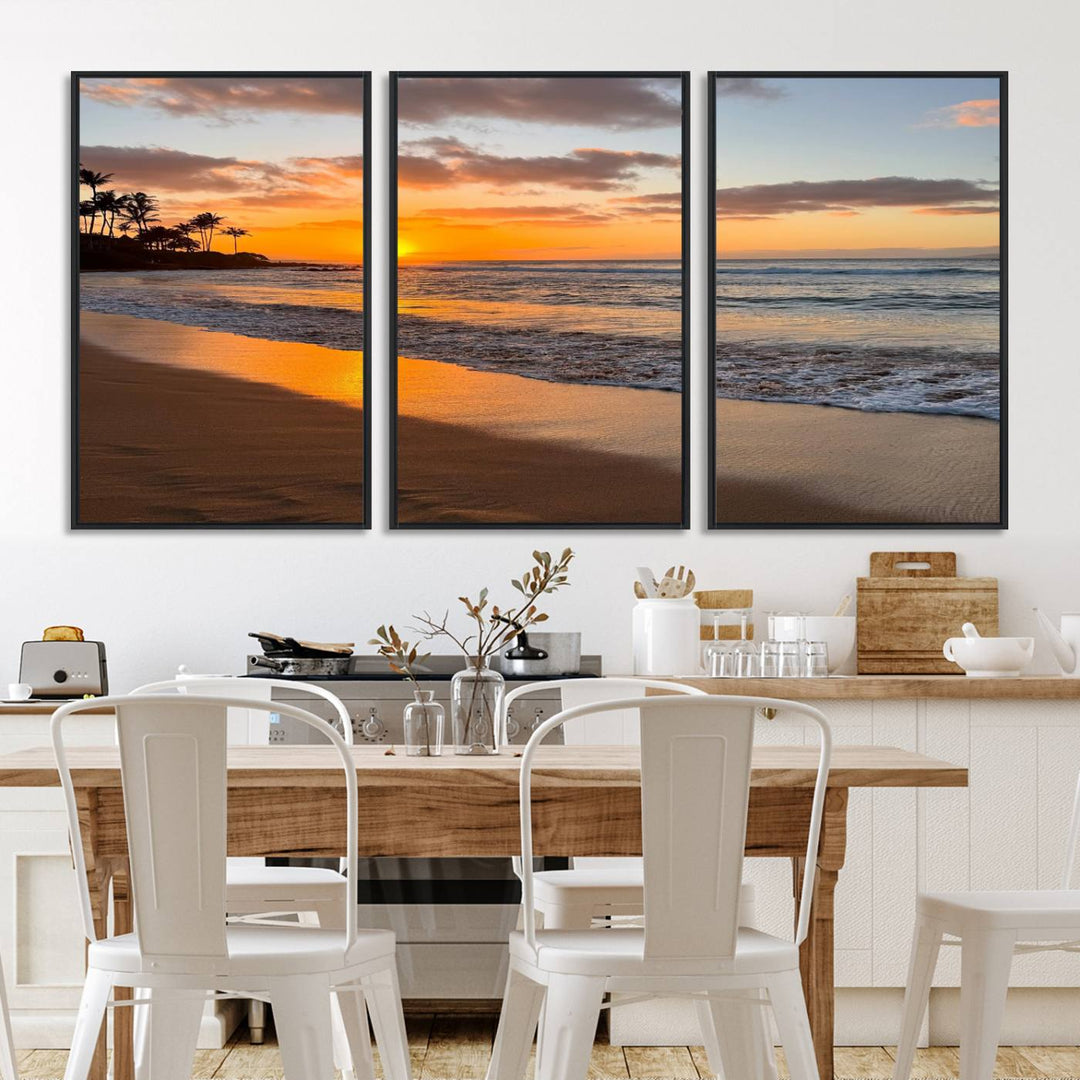 Sunset Wall Art Print featuring a beach sunset with waves and palms, perfect for coastal decor.