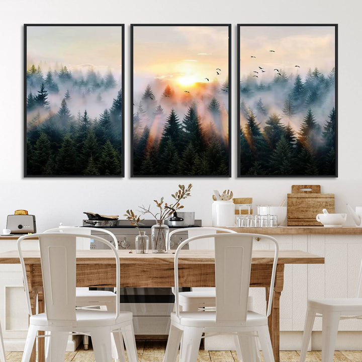 Sunrise over a misty forest with rays filtering through trees in the Abstract Forest Wall Art featuring soaring birds.