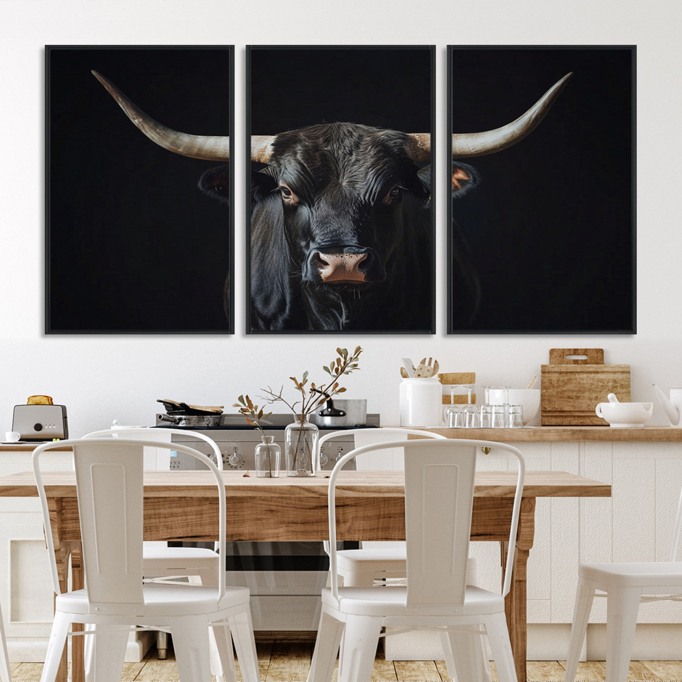 Canvas of a black longhorn bull against a dark background, featuring moody tones and western character for rustic or cowboy-inspired spaces.