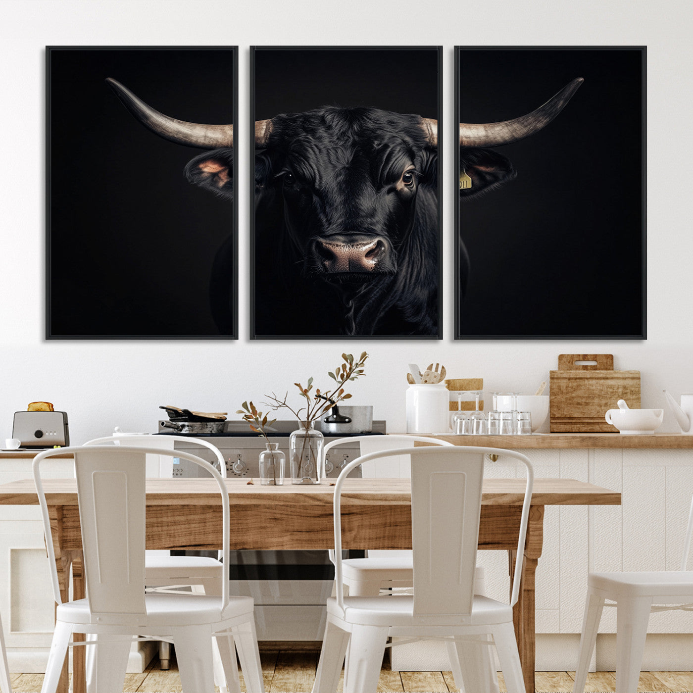 Canvas featuring a black horned bull in moody lighting on a dark background, perfect for western or rustic farmhouse-style home decor.
