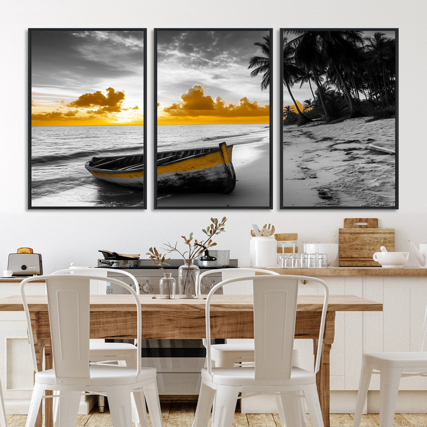 Canvas of a yellow rowboat on a black and white tropical beach with golden sunset sky, ideal for coastal or tropical-themed home decor.