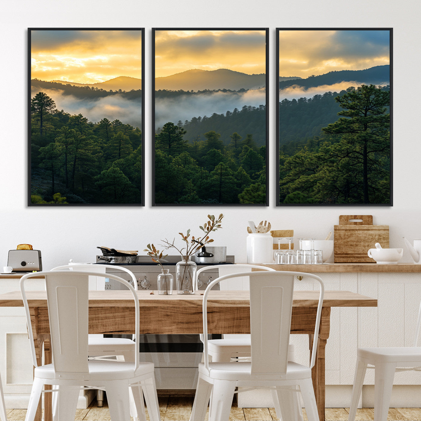 Canvas of misty pine-covered mountains at sunrise, featuring golden light and fog layers, ideal for tranquil earthy home decor.