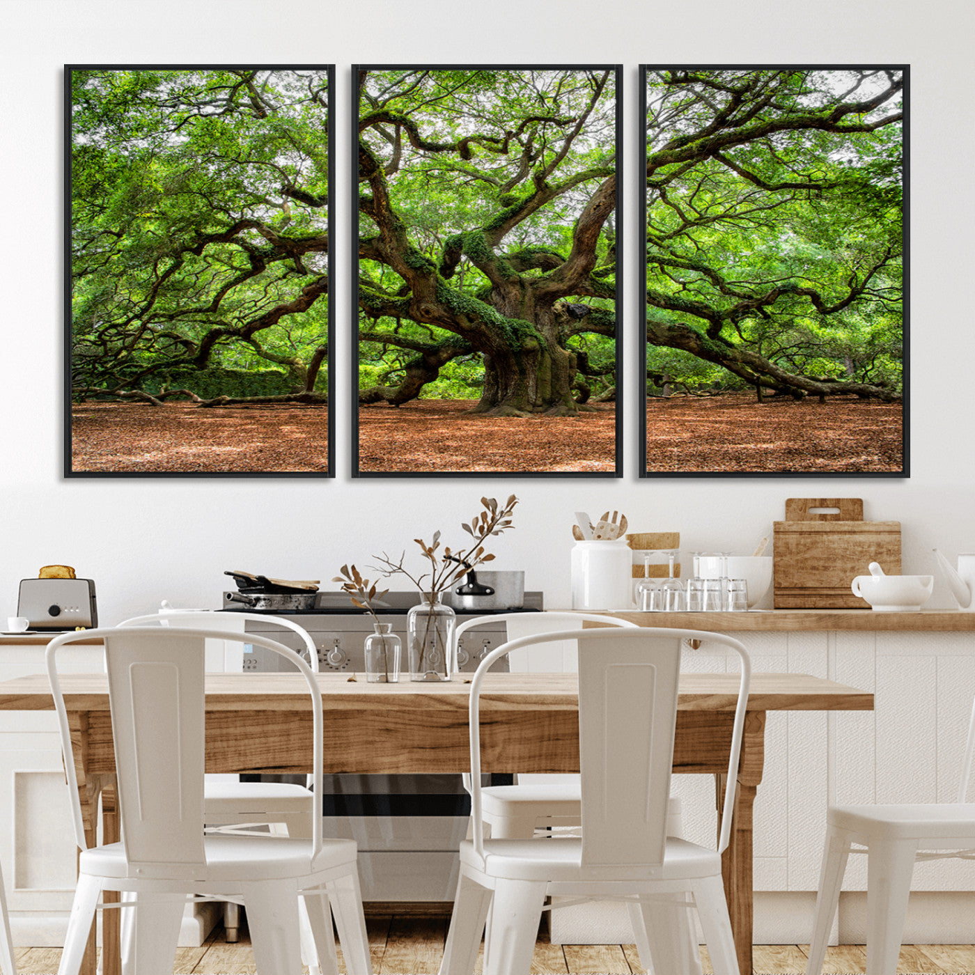 A majestic, ancient tree with expansive, twisting branches spreading wide under a dense, vibrant green canopy in a serene forest clearing.