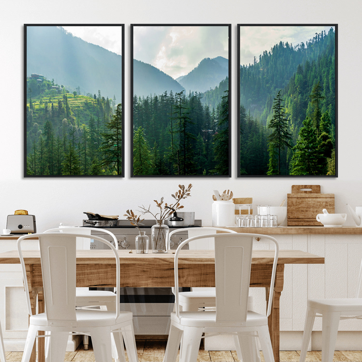 MGV-FC-60X30-3P - Misty Forest Mountain Canvas Print – Serene Nature Wall Art, Tranquil Valley