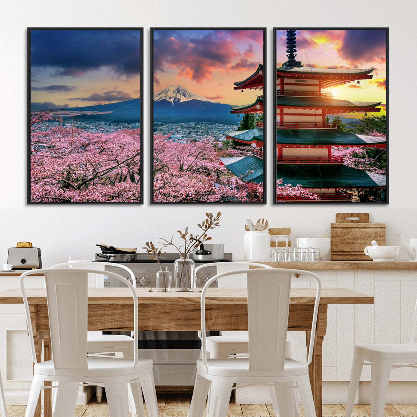 MGV-FC-60X30-3P - Mount Fuji & Cherry Blossom Wall Art Canvas Print – Iconic Japanese Landscape, Sakura Pagoda Sunset,