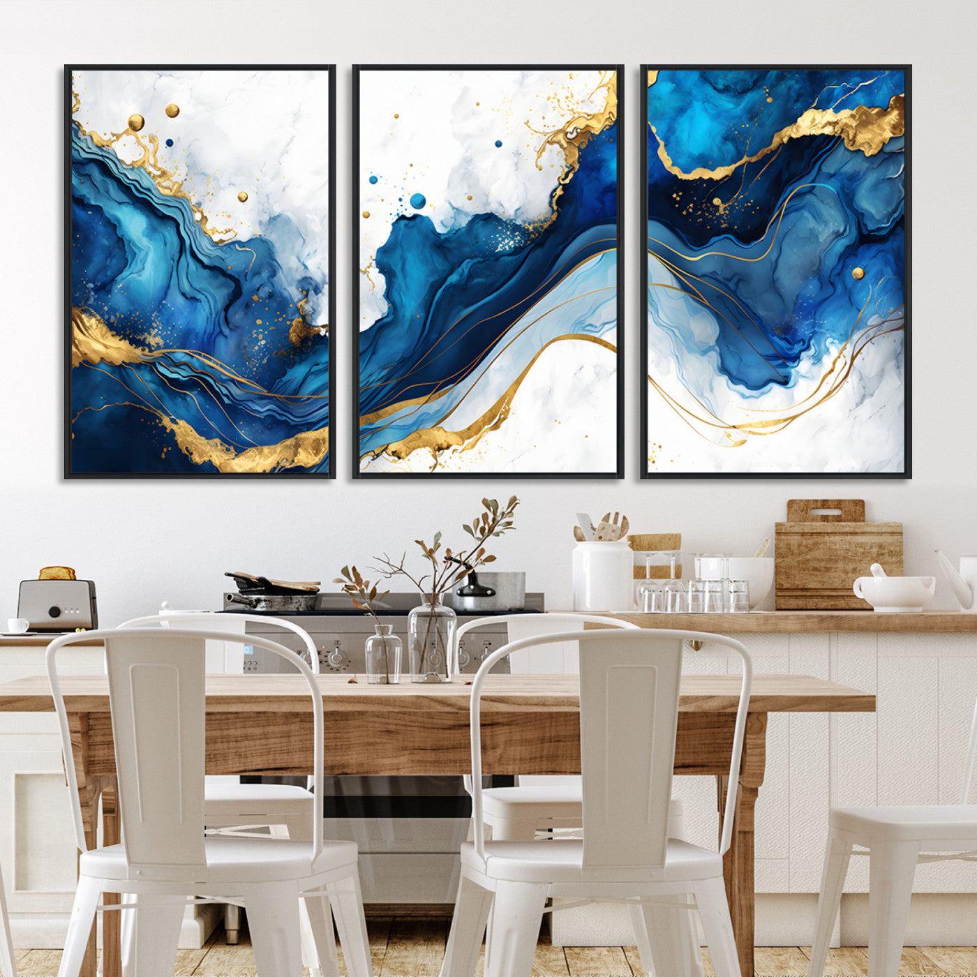 Elegant abstract canvas in cobalt blue and gold tones, featuring marble waves and fluid motion, ideal for luxe interior styling.